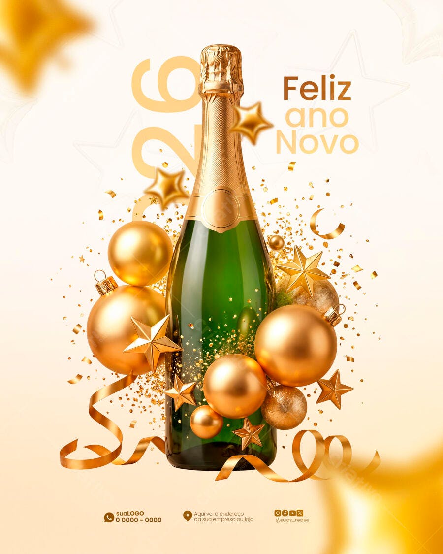 Flyer Feliz Ano Novo 2026 Dourado PSD Editável