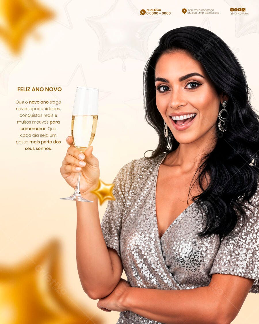 Flyer Feliz Ano Novo Mulher Festiva PSD Editável