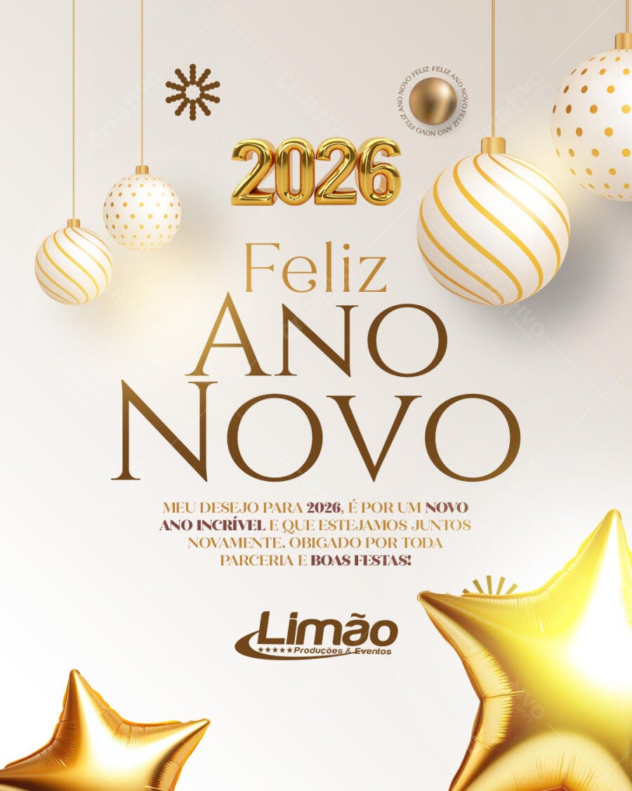 Flyer Feliz Ano Novo 2026 com Mensagem Corporativa Dourada PSD Editável