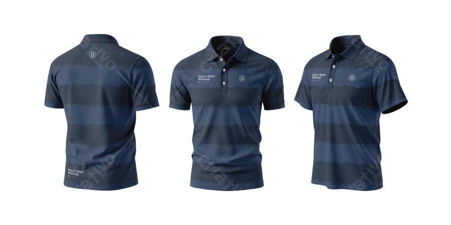Mockup Camisa Polo Masculina Listrada Azul Marinho Três Ângulos Reais