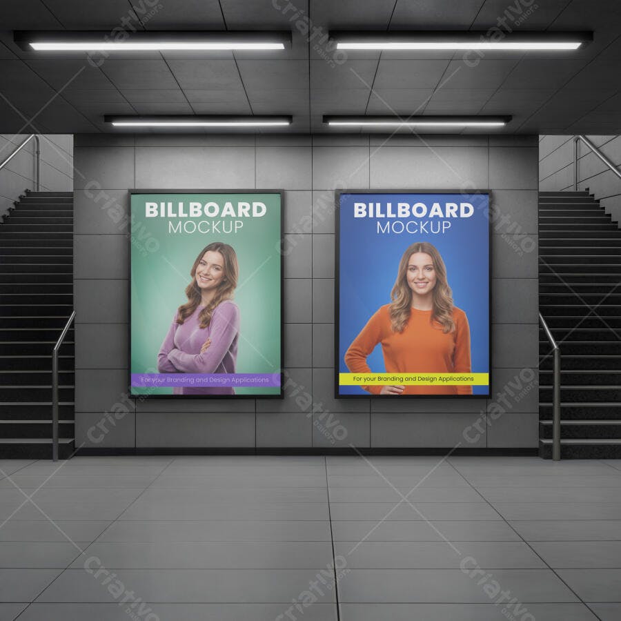 Mockup de Painéis Verticais em Metrô com Mulheres Fundo Verde Menta e Azul