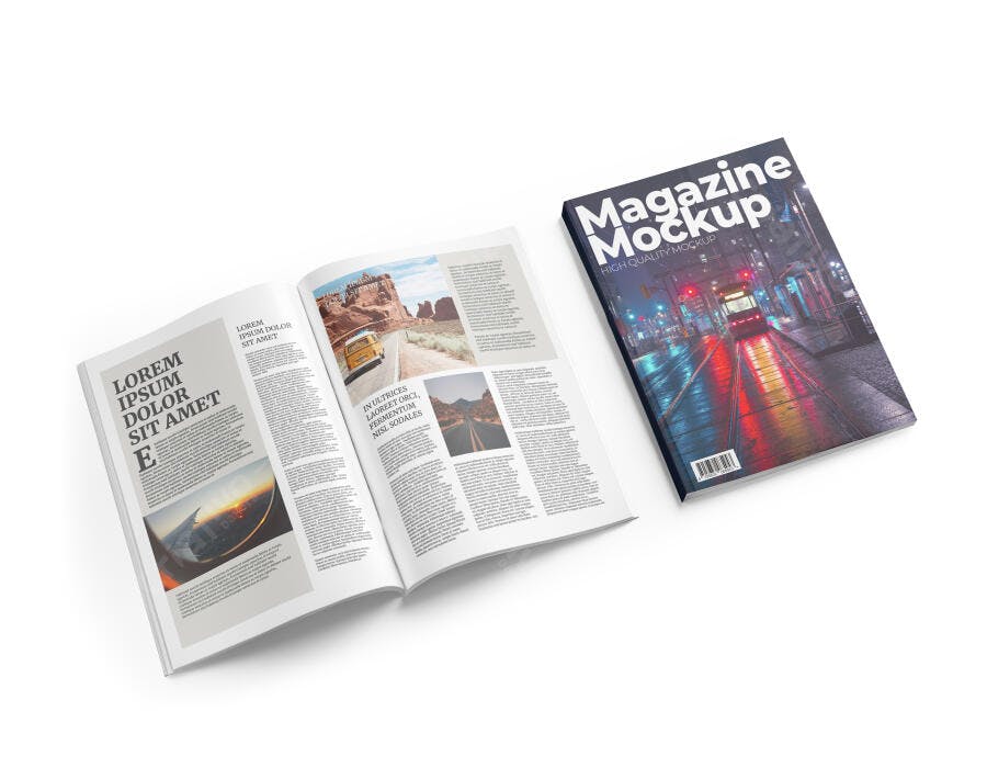 Mockup de Revista Moderna Aberta e Fechada com Capa Urbana Noturna Realista