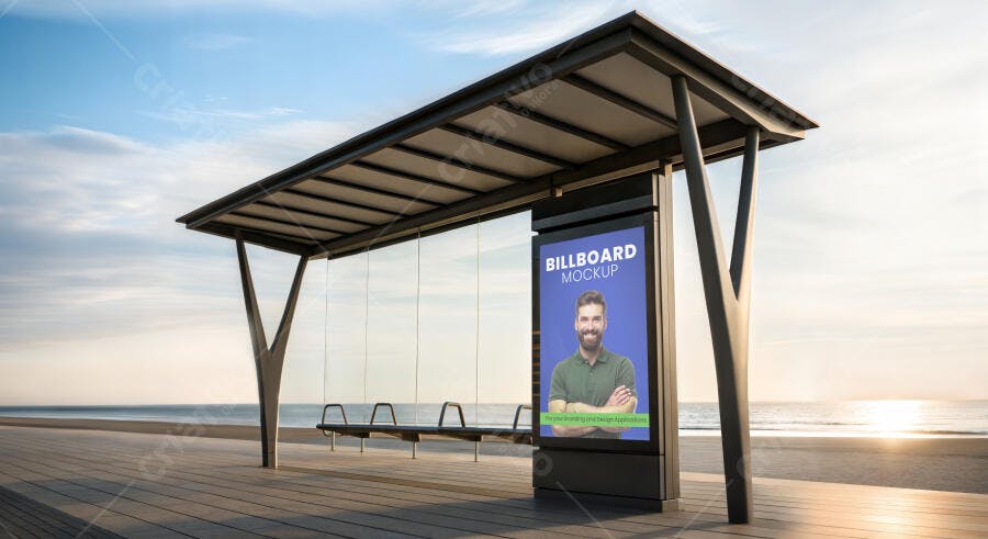 Mockup de Painel Digital Moderno em Abrigo de Ônibus na Praia Dourada com Homem Sorridente