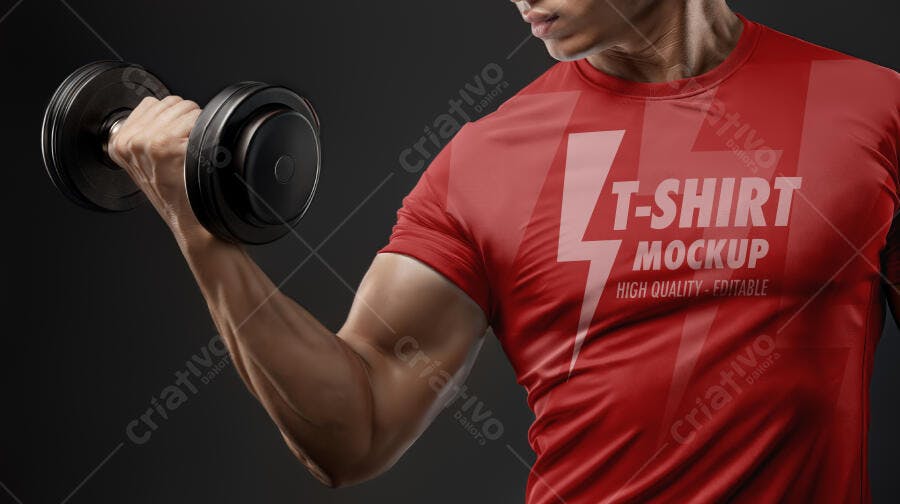Mockup T-Shirt Masculina Vermelha com Atleta Levantando Haltere em Estúdio Escuro