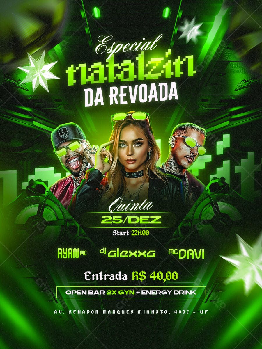 Flyer Festa Natal Revoada Urbana MCs DJs Neon Verde PSD Editável