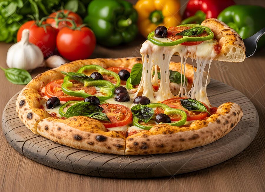 Pizza fresca com queijo derretido, pimentões, azeitonas e manjericão em tábua de madeira