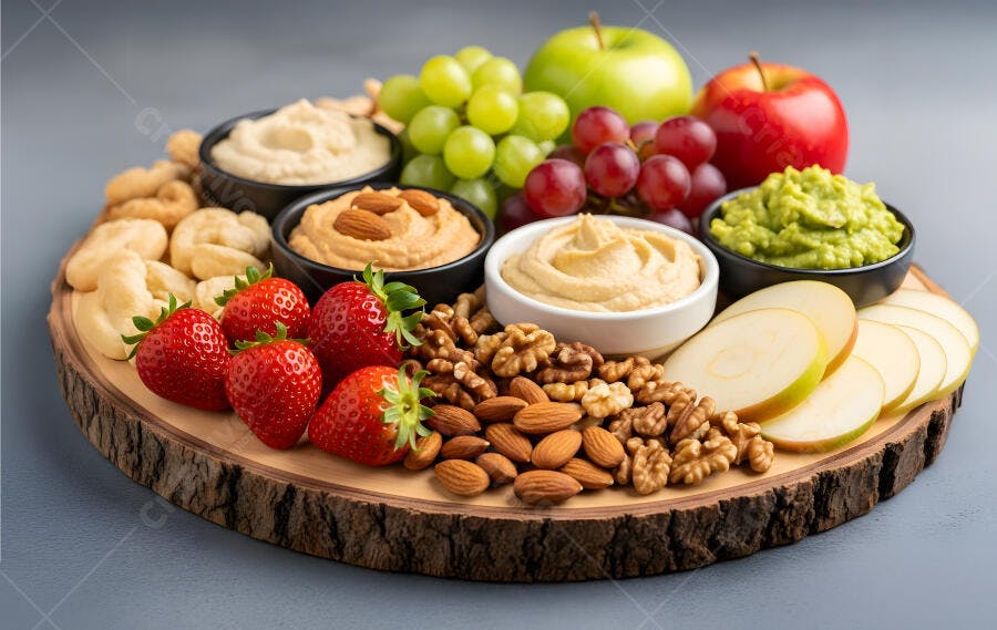 Tábua de lanches saudáveis com morangos uvas e pastas em fundo cinza