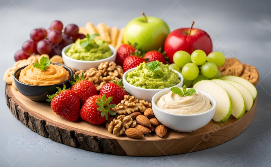 Petiscos saudáveis com frutas frescas e patês cremosos em tábua de madeira