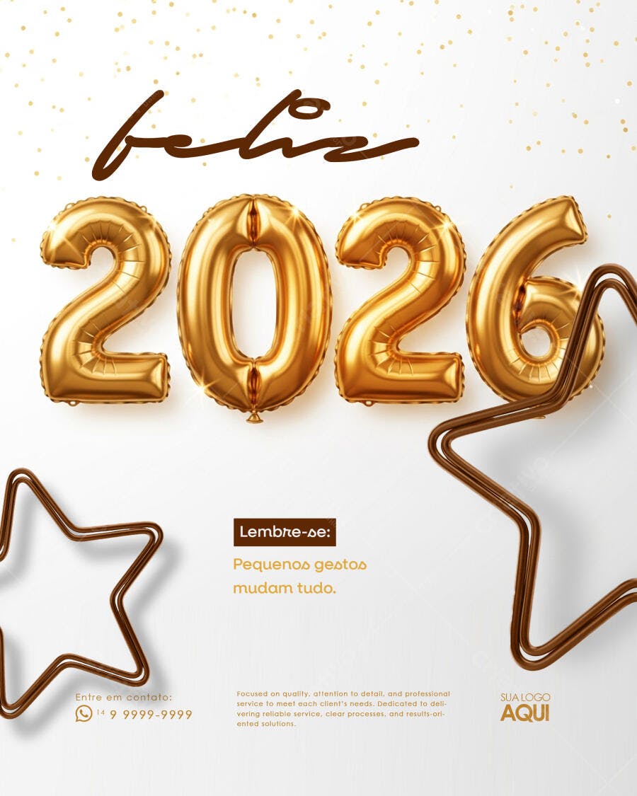 Flyer Feliz 2026 com Balões Dourados para Ano Novo PSD Editável