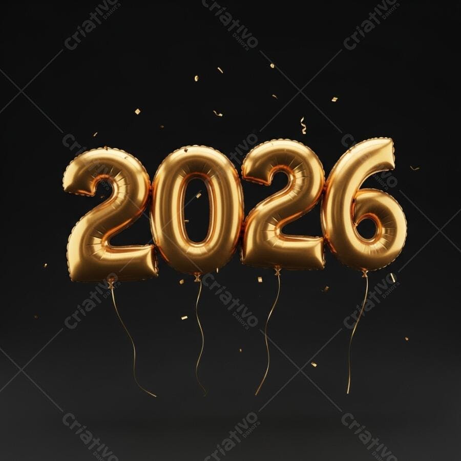 Balões dourados 2026 e confetes em fundo preto minimalista Ano Novo