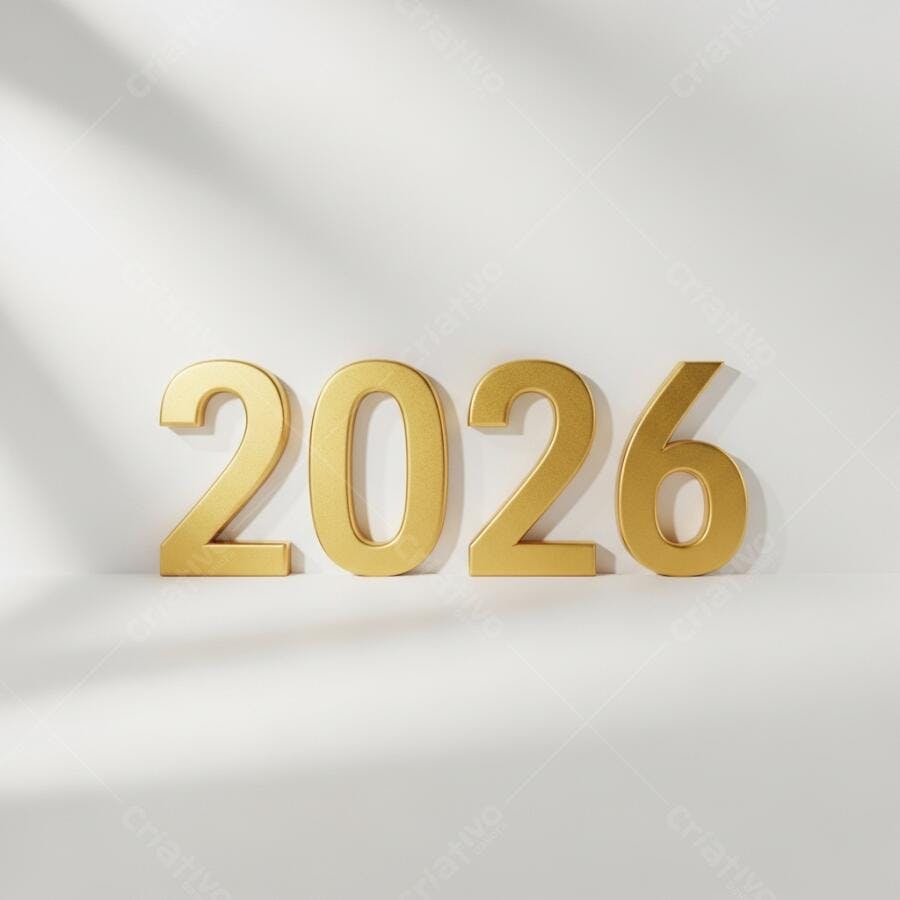 2026 números dourados com sombras em fundo branco minimalista