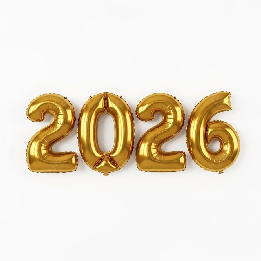 Balões dourados 2026 em fundo branco para celebração de ano novo