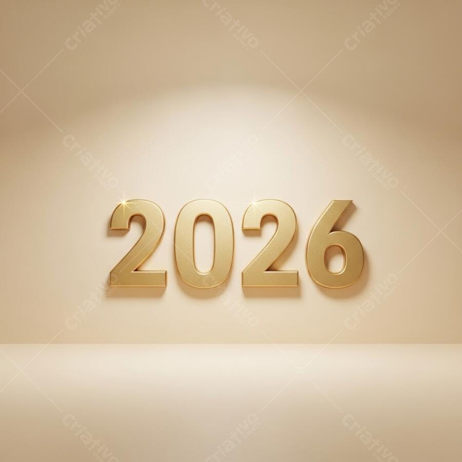 Ano 2026 em números 3D dourados sobre fundo neutro bege