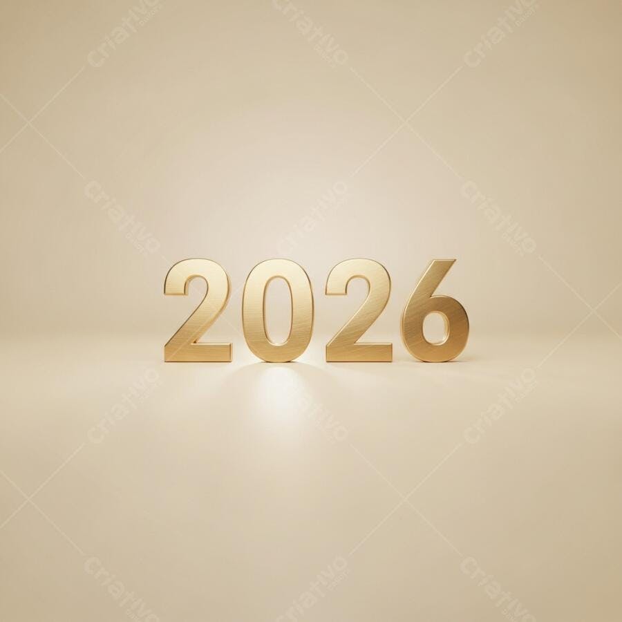 Ano 2026 em dourado 3D sobre fundo bege claro minimalista