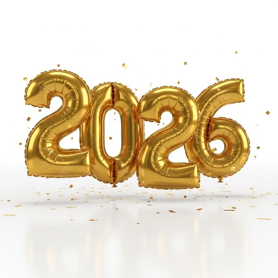 Balões dourados 2026 com confetes caindo celebração Ano Novo