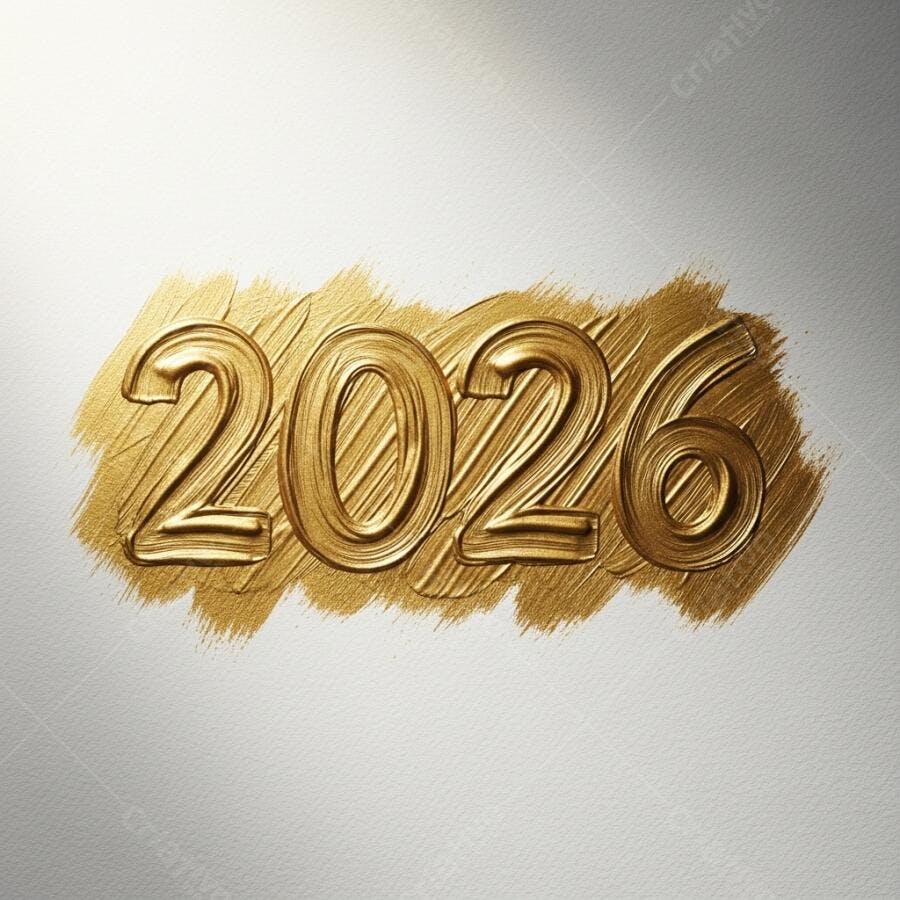 Ano 2026 em dourado com pinceladas artísticas sobre fundo branco minimalista