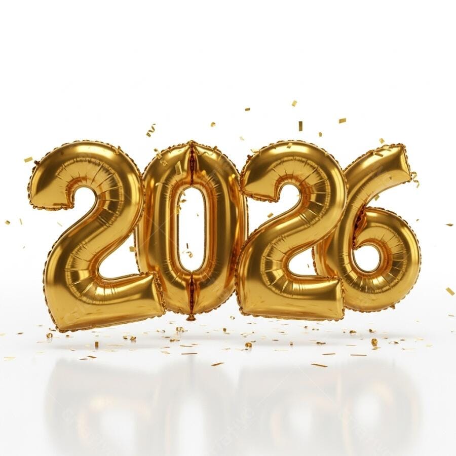 Balões dourados 2026 flutuando com confetes para celebração de ano novo