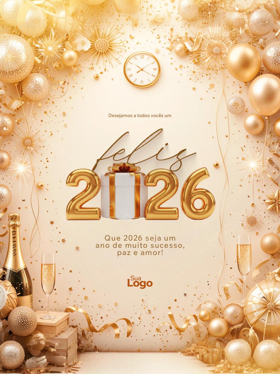 Post Redes Sociais Feliz 2026 Dourado PSD Editável