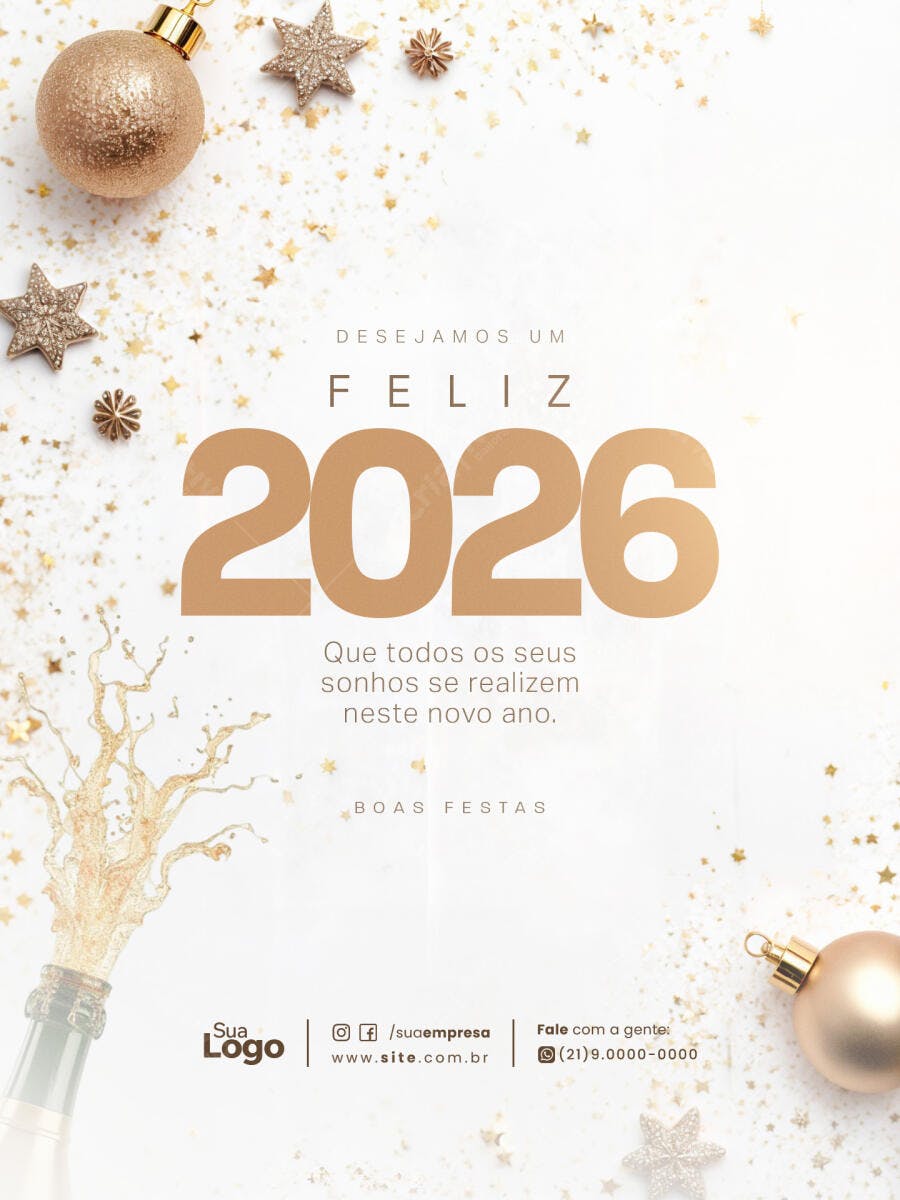 Flyer Ano Novo 2026 Dourado e Branco PSD Editável