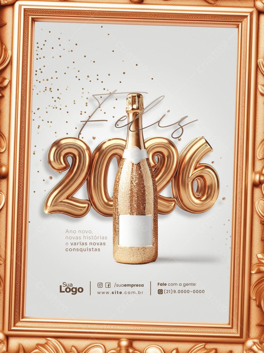 Flyer Feliz 2026 com Garrafa Champanhe Dourada e Confetes PSD Editável