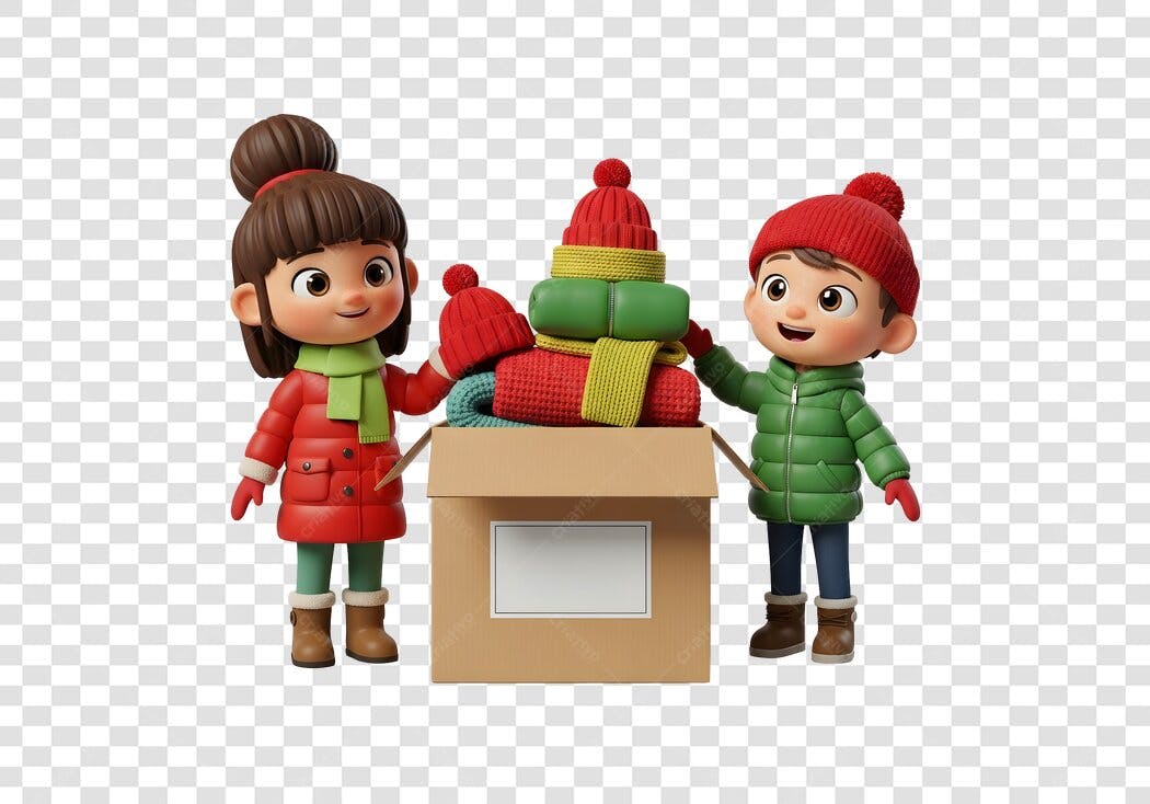 Ilustração 3D Crianças Doando Roupas de Inverno Natal Caridade PNG com fundo transparente