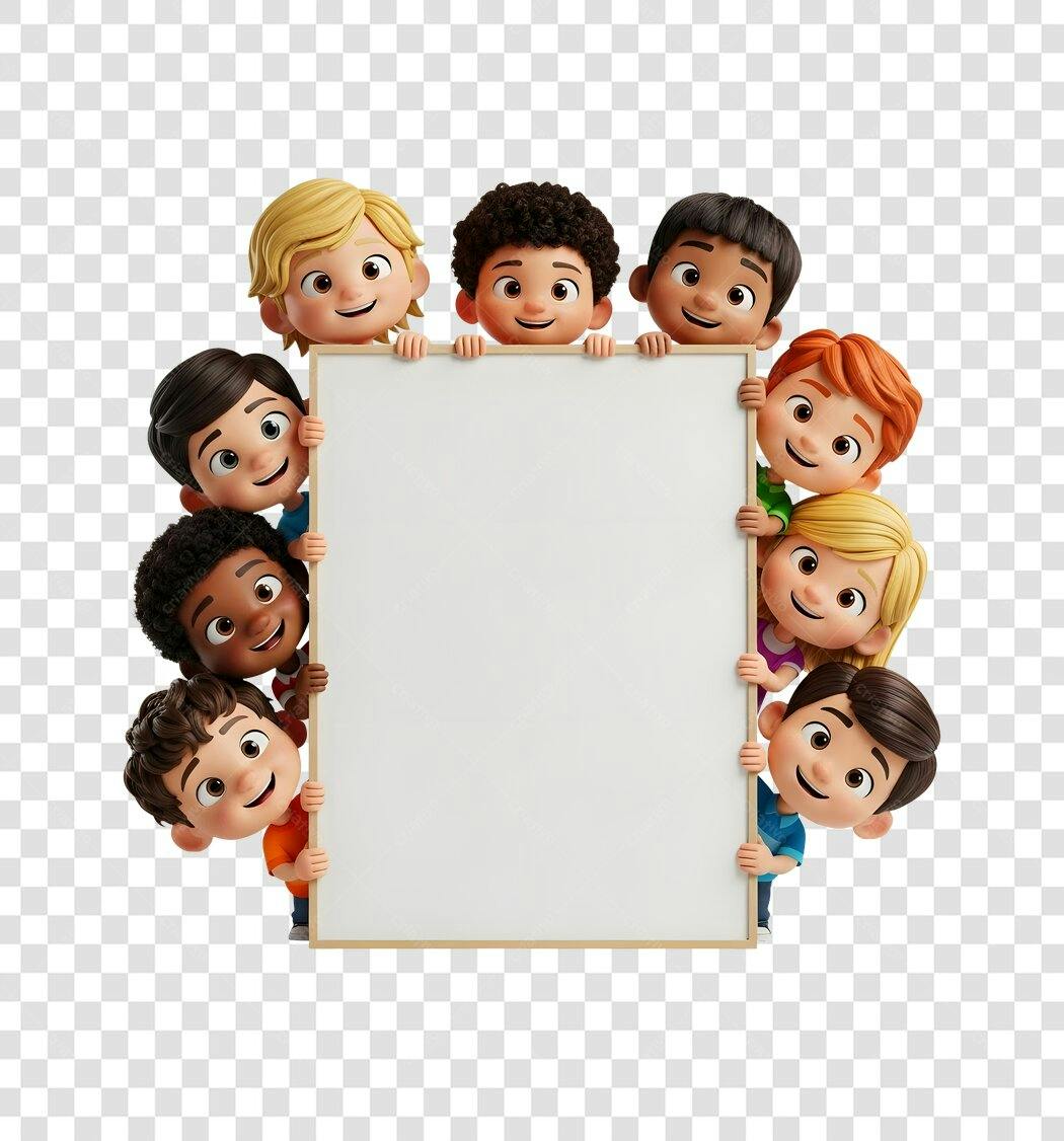 Ilustração Crianças Diversas com Cartaz Branco PNG com fundo transparente
