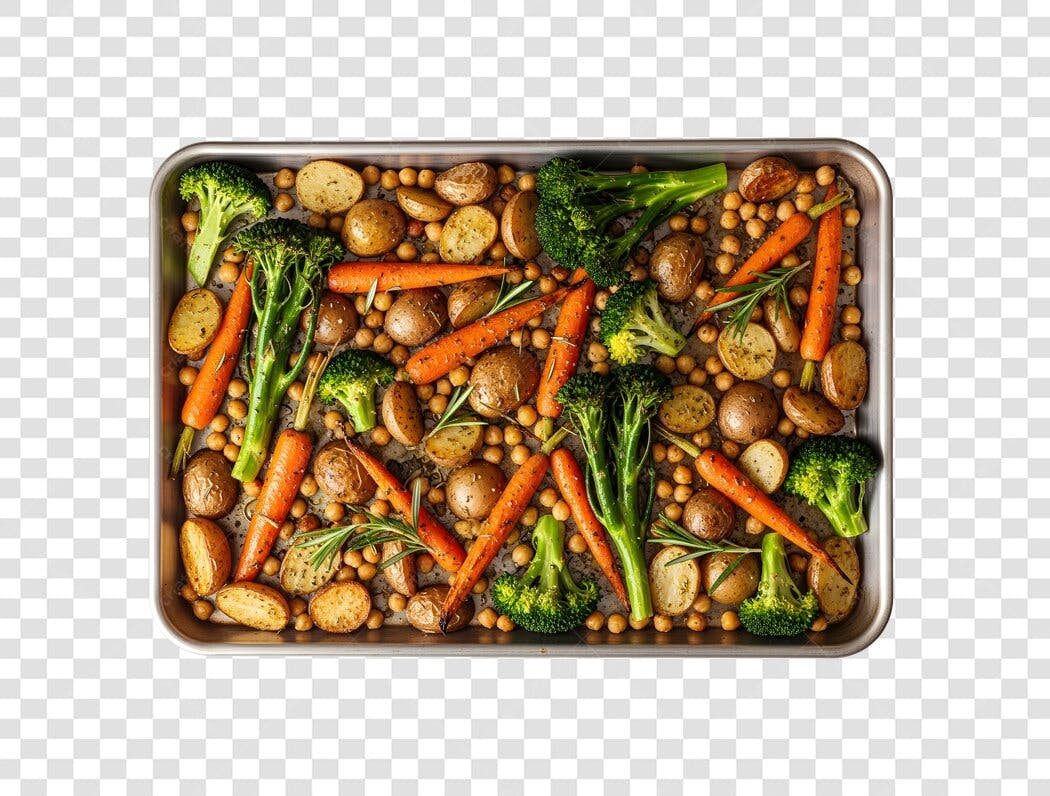 Imagem de Vegetais Assados Saudáveis Batatas Cenouras Brocolis Grao de Bico PNG com fundo transparente