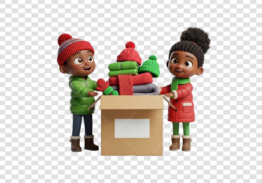 Ilustração 3D Doação Roupa Inverno Crianças Negras Felizes PNG com fundo transparente