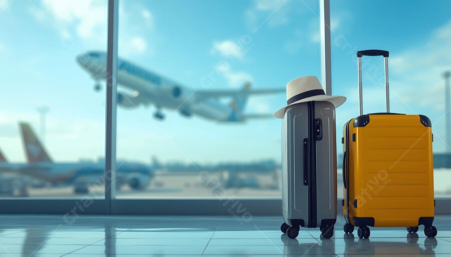 Malas de viagem cinza e amarela com chapéu em aeroporto com avião decolando