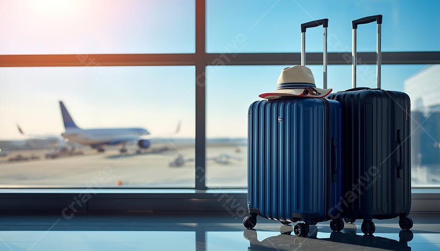 Malas de viagem azul e preta com chapéu em aeroporto moderno e avião na pista