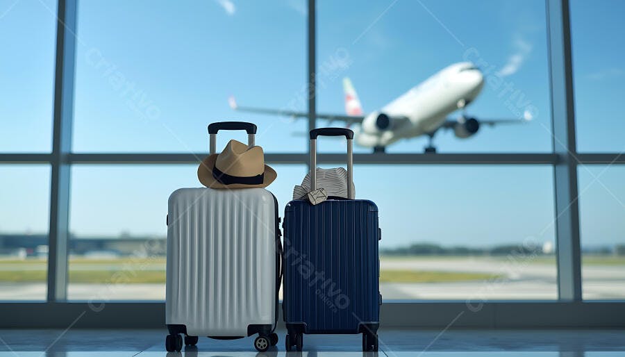 Malas de viagem brancas e azuis no aeroporto avião no céu azul