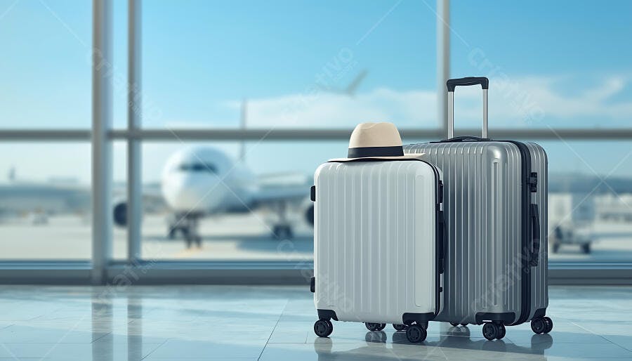 Duas malas de viagem com chapéu em aeroporto esperando voo