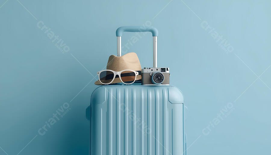 Mala de viagem azul com chapéu, óculos de sol e câmera vintage para férias