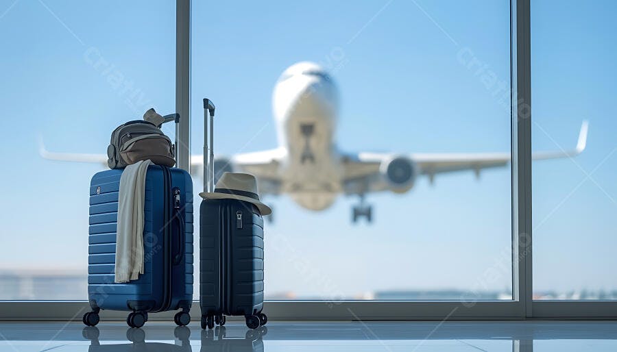 Malas de viagem azuis e pretas com mochila e chapéu em aeroporto avião decolando