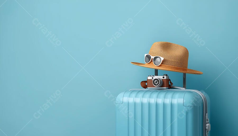 Mala azul chapéu câmera óculos de sol para viagem de verão
