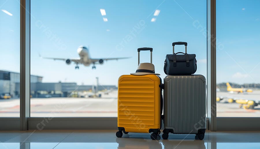 Malas de viagem no aeroporto com avião decolando ao fundo