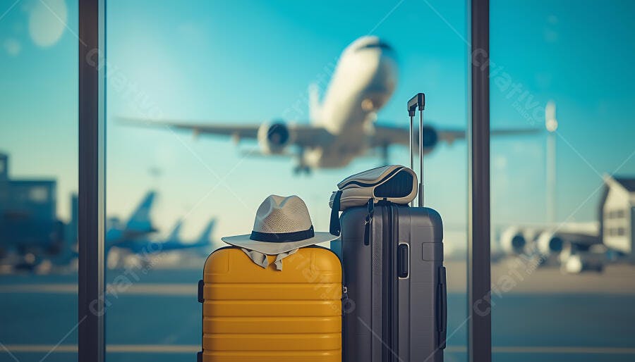 Malas de viagem coloridas no aeroporto com avião decolando