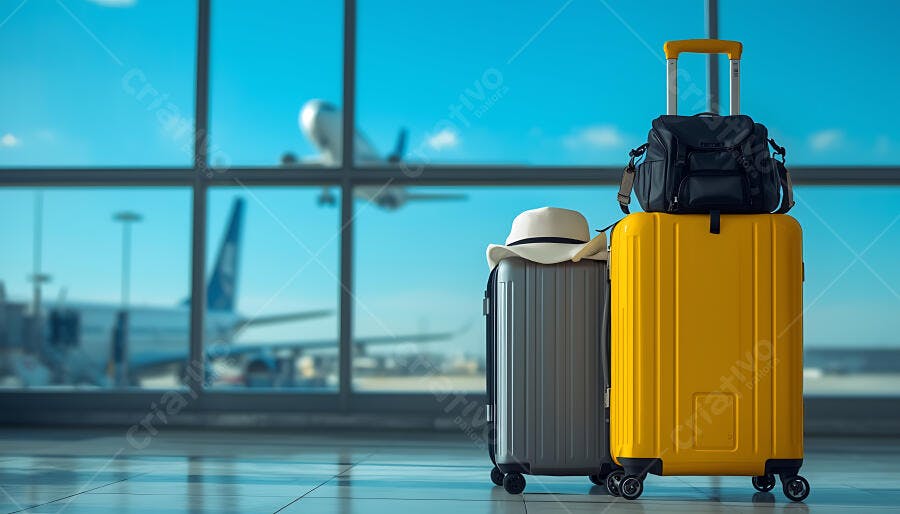 Malas de viagem coloridas no aeroporto com avião decolando