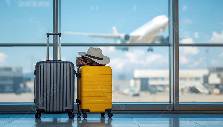 Malas de viagem cinza e amarela com chapéu em aeroporto avião decolando