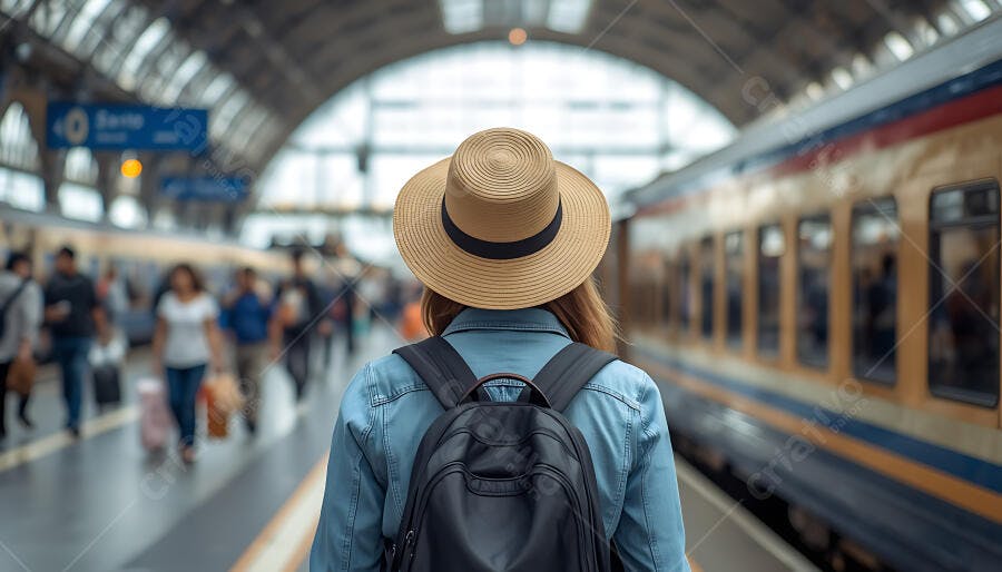 Mulher viajante com chapéu e mochila em plataforma de trem