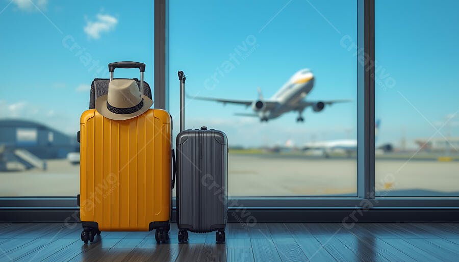Malas de viagem amarela e cinza com chapéu em aeroporto avião decolando