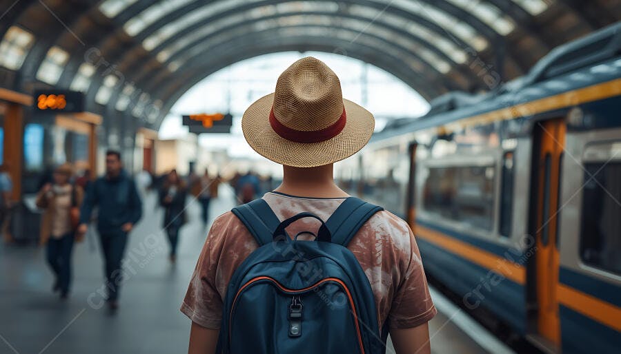 Viajante com chapéu de palha e mochila azul na plataforma de embarque do trem