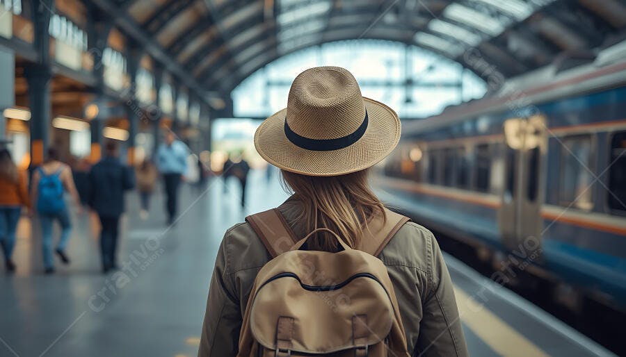 Mulher loira de chapéu e mochila bege na plataforma da estação de trem