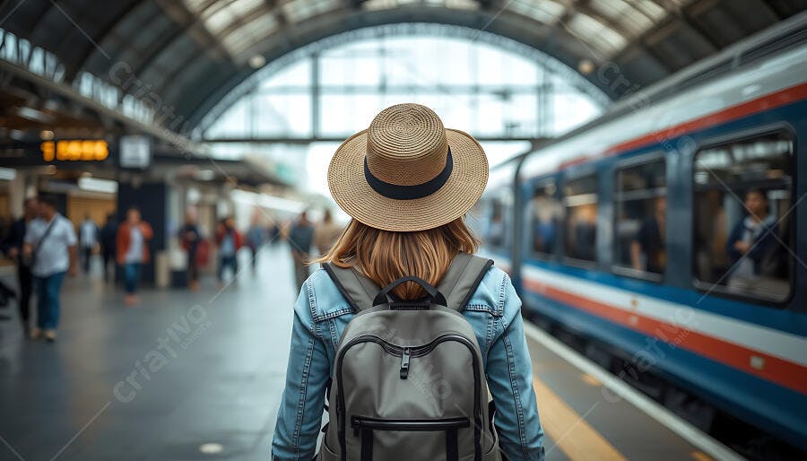 Mulher viajante loira de chapéu e mochila na estação de trem azul