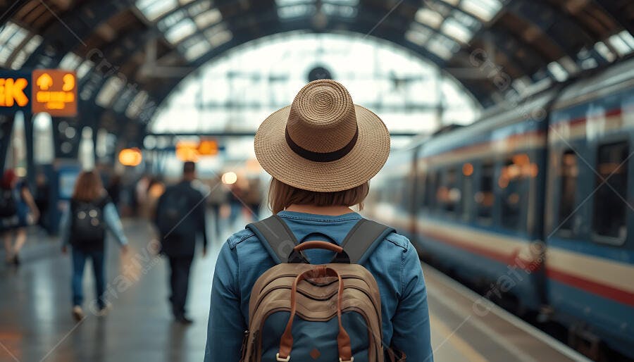 Mulher viajante de azul e chapéu marrom na estação de trem