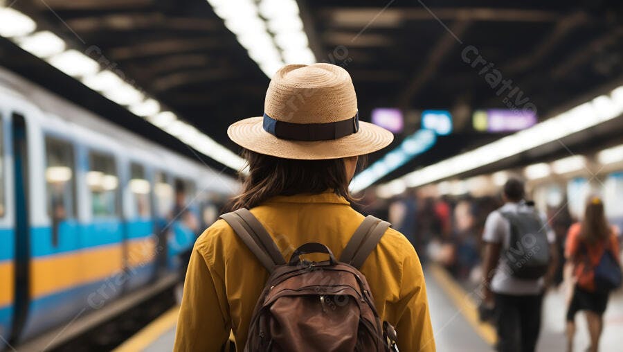 Mulher com chapéu e mochila aguardando trem na estação