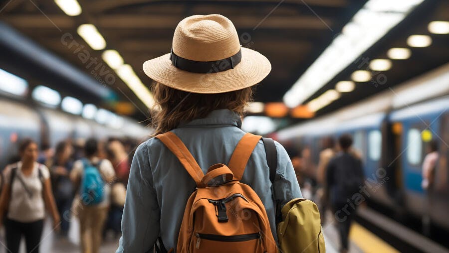 Mulher com chapéu e mochila esperando trem na estação de metrô