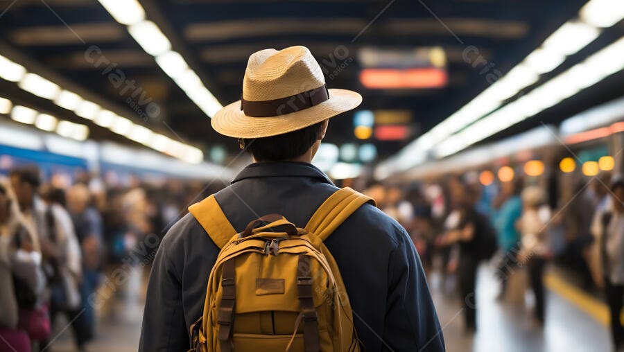 Homem com chapéu e mochila em plataforma de metrô lotada