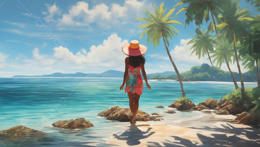 Mulher negra caminhando na praia tropical ensolarada com vestido floral e chapéu de sol