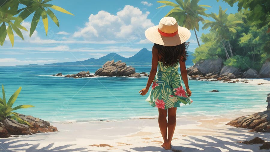 Mulher de pele morena com chapéu e vestido floral caminhando na praia tropical